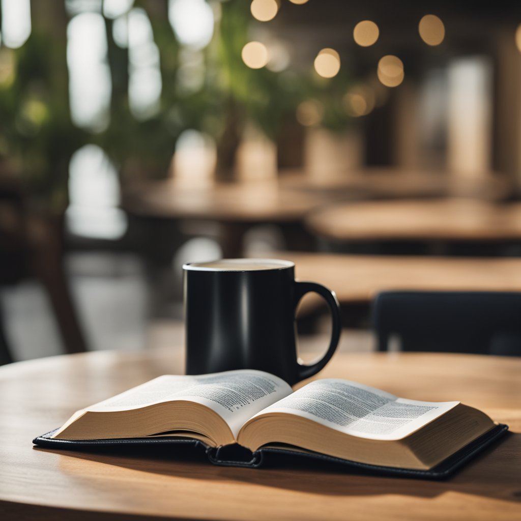 Picture of a Bible/book and a cup of coffee sitting on a table.