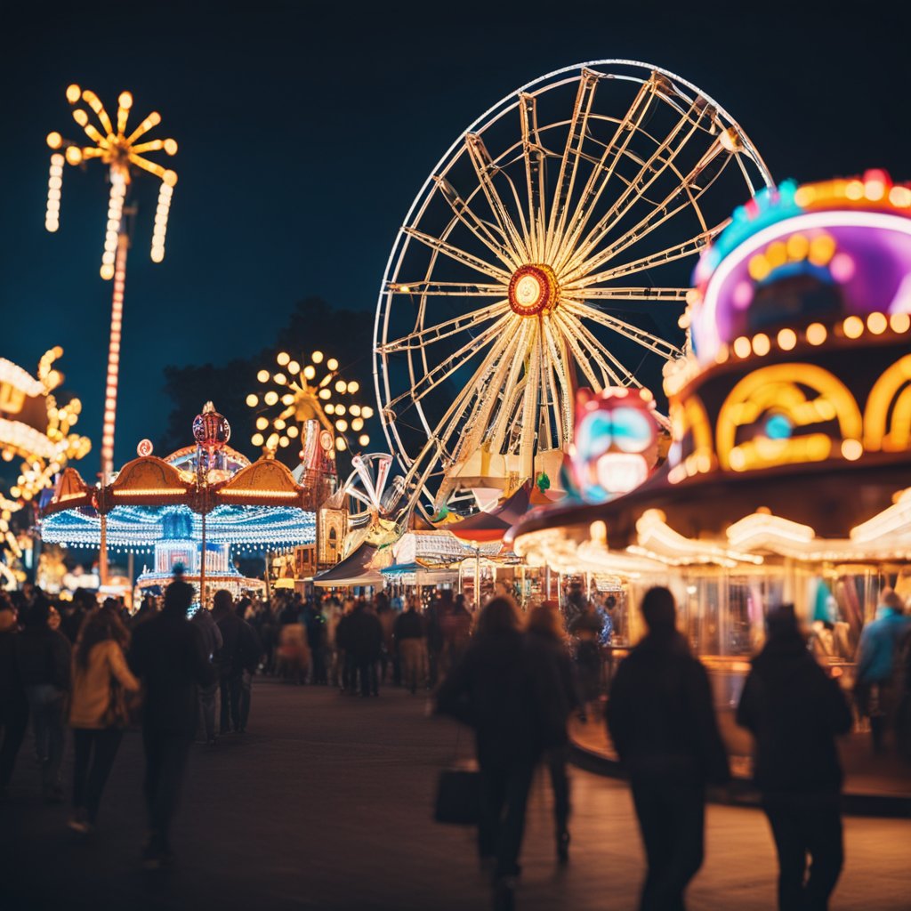 Picture of people at a carnival during the night.