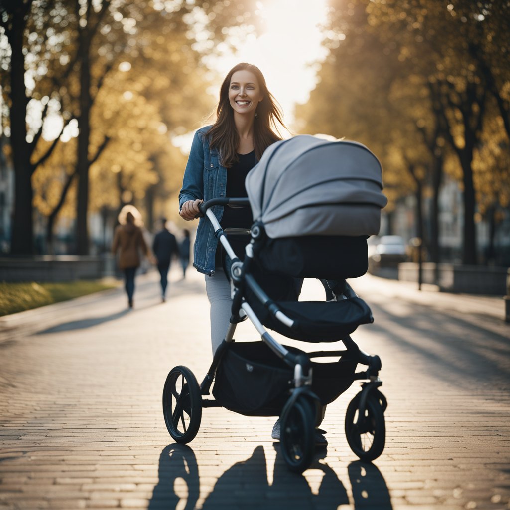 Woman posing with a baby stroller