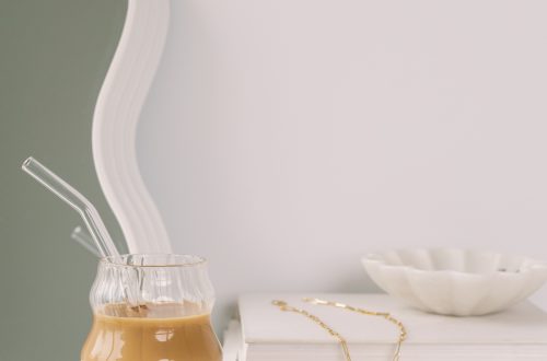 Picture of a glass of bubble tea sitting on a white table