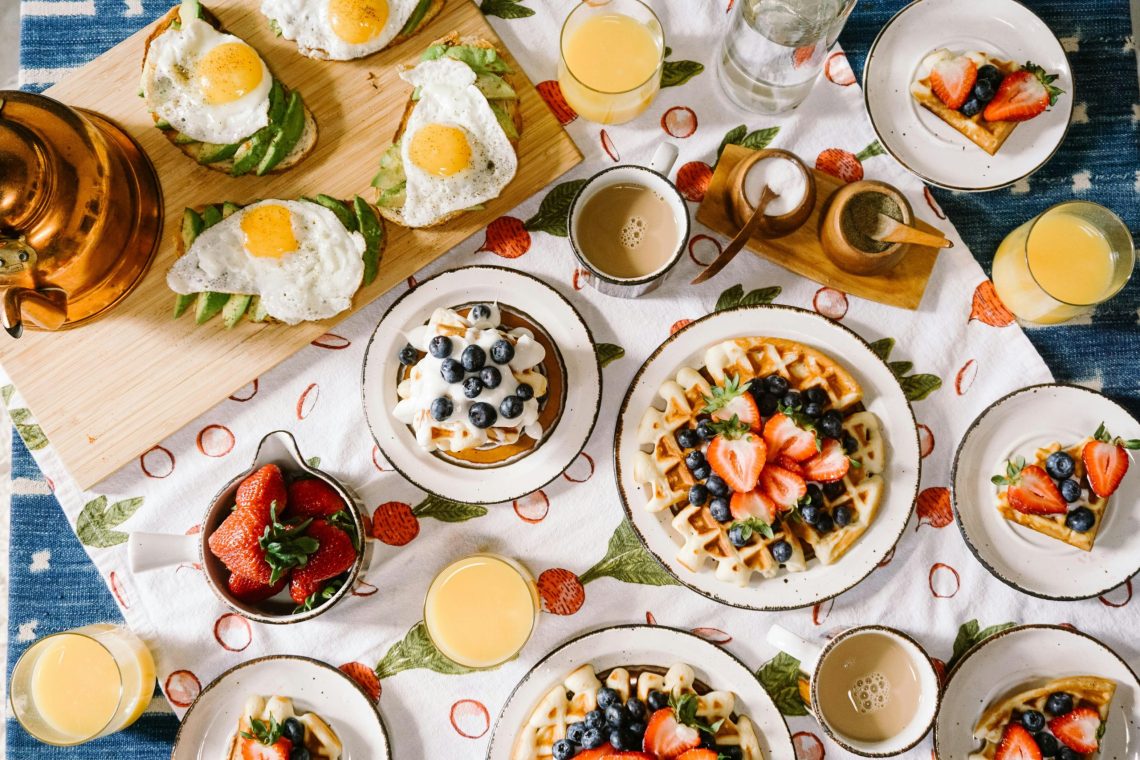 A table spread of breakfast items