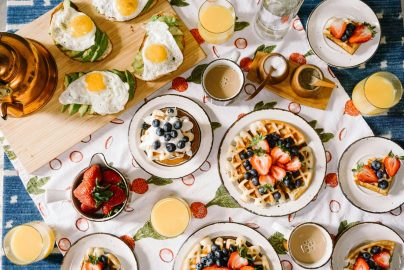 A table spread of breakfast items