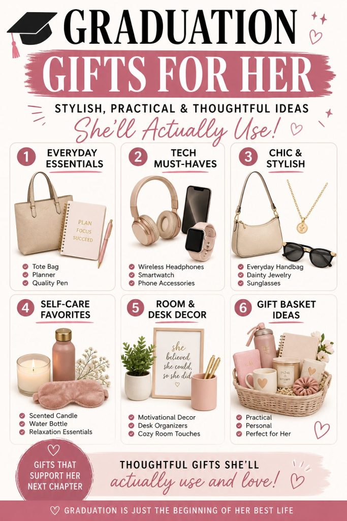 Pinterest infographic featuring stylish graduation gift ideas for her, including tech accessories, self-care items, handbags, planners, desk decor, and thoughtful gift basket ideas in soft pink and feminine tones.