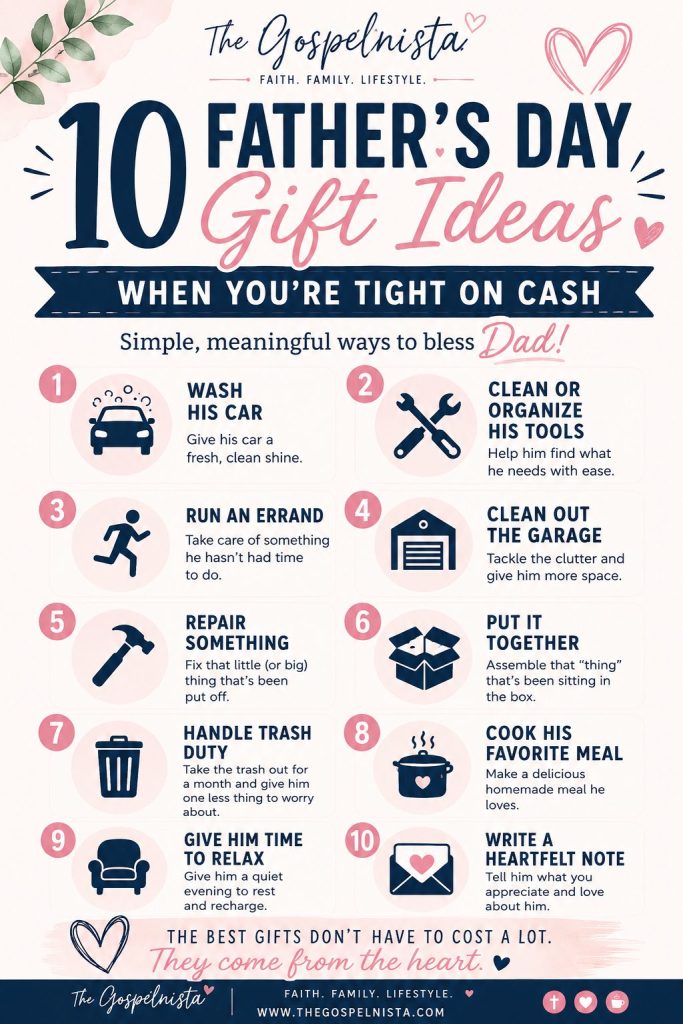 Infographic Pinterest pin featuring 10 thoughtful Father’s Day gift ideas when you’re tight on cash in soft pink and navy brand colors. The graphic includes budget-friendly ideas like washing his car, cleaning tools, running errands, cooking his favorite meal, and writing a heartfelt note, with feminine modern typography and illustrated icons.