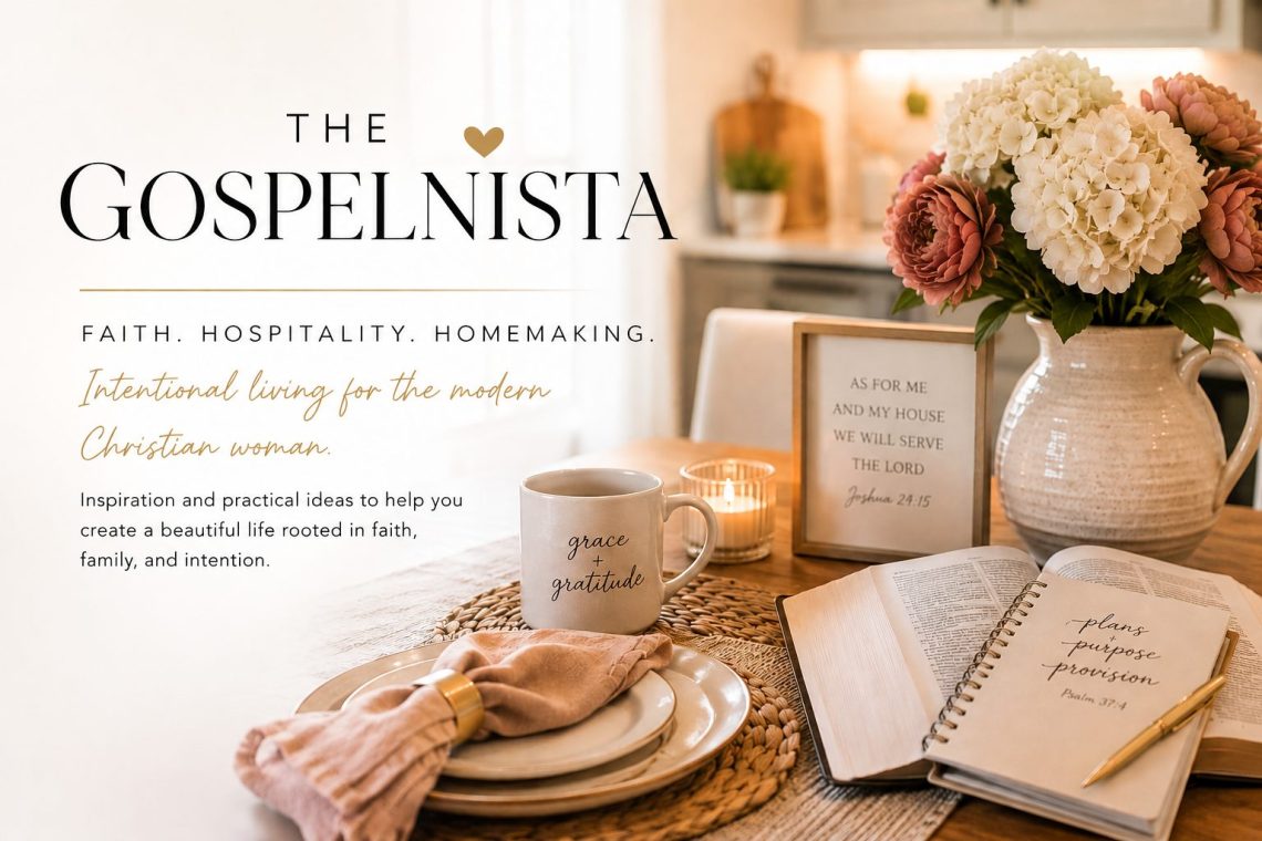 Soft feminine hero banner for The Gospelnista featuring blush pink florals, a cozy kitchen table setting, Bible and journal, candlelight, and elegant typography focused on faith, hospitality, homemaking, and intentional living for Christian women.