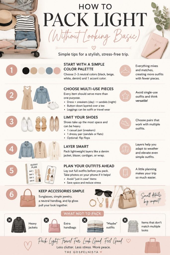 Feminine infographic with minimalist packing tips for women, including capsule wardrobe ideas, travel outfit planning, and how to pack light without sacrificing style.