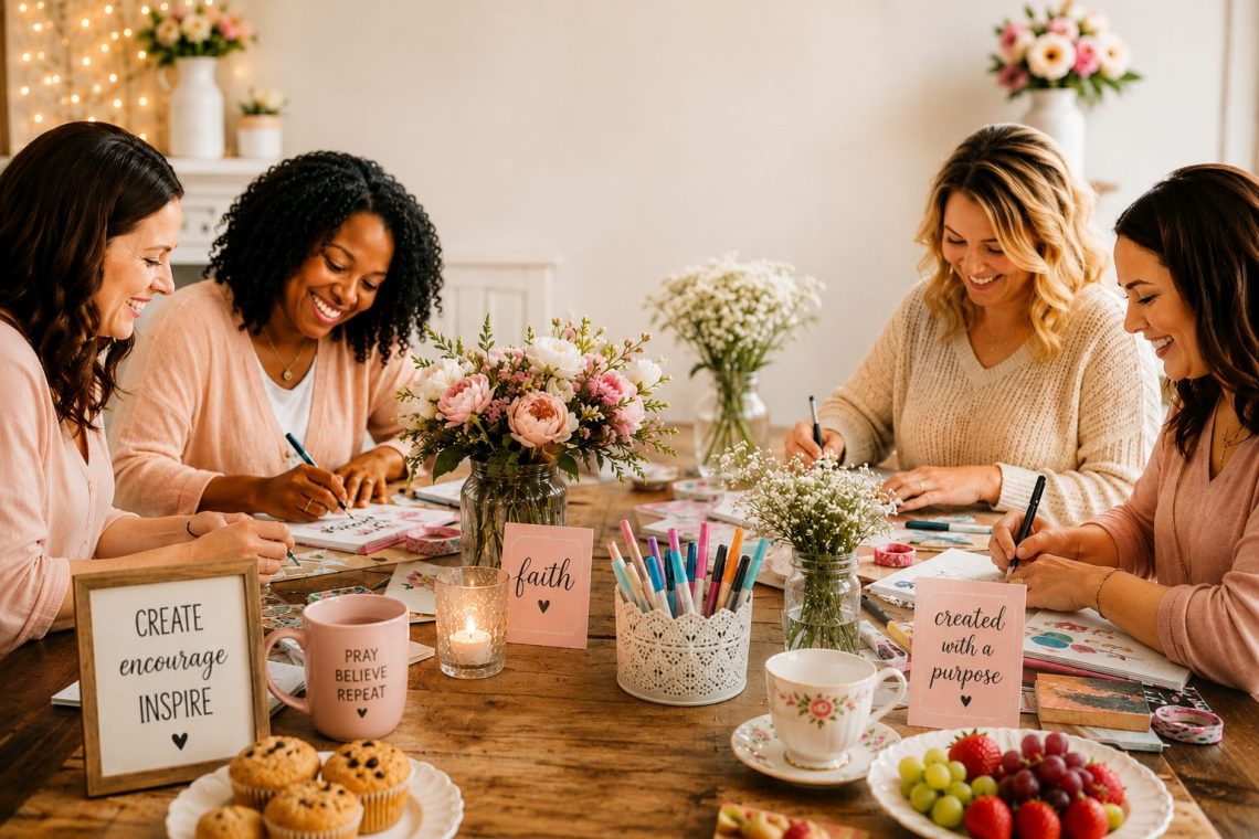 Four women gathered around a rustic wooden table during a cozy Pinterest-style craft party, creating DIY projects with markers, notebooks, flowers, candles, and refreshments in a warm and welcoming setting.