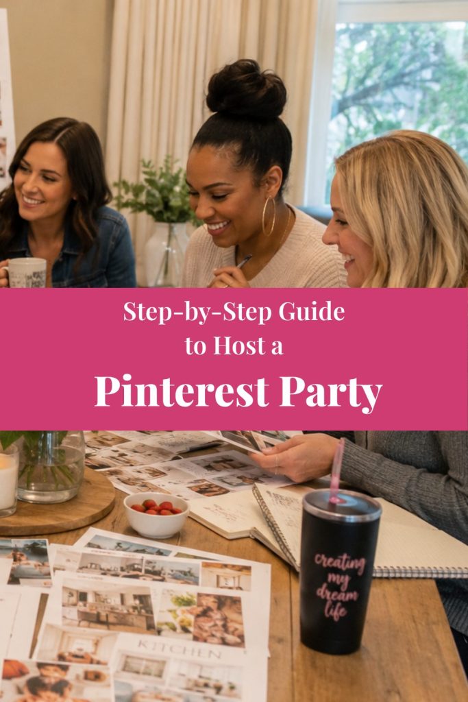 Pinterest-style graphic featuring women gathered around a table planning and crafting together with the text “Step-by-Step Guide to Host a Pinterest Party” in pink and white branding.