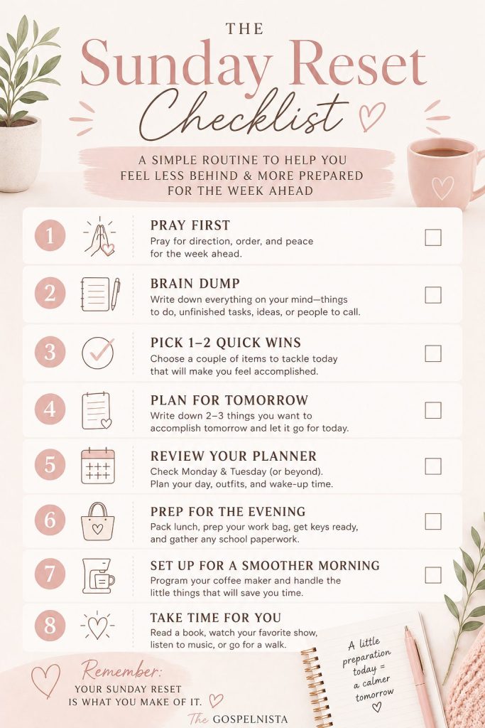 Pinterest checklist graphic titled “The Sunday Reset Checklist” featuring a simple Sunday routine for Christian moms, including prayer, planning, brain dump tasks, meal prep, planner review, and self-care in soft pink and neutral feminine tones.