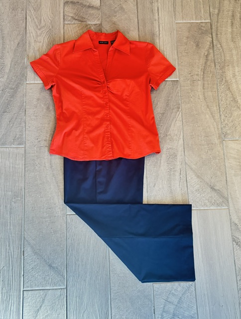 Flat lay photo of Banana Republic Wide-Leg High Rise Sculpted Trouser in Preppy Navy with an orange New York and Company shirt.