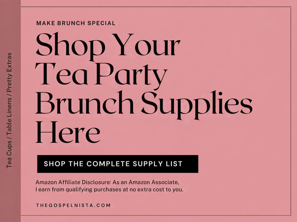 Pink tea party brunch shopping card listing tea cups, table linens, and pretty extras. Text invites readers to shop the complete supply list and includes an Amazon affiliate disclosure.