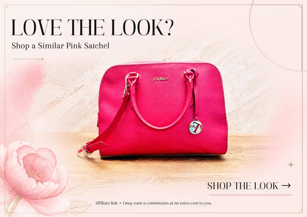 Pink Furla leather satchel handbag featured in a feminine shop card for The Gospelnista, inviting readers to shop a similar structured pink handbag with gold hardware.